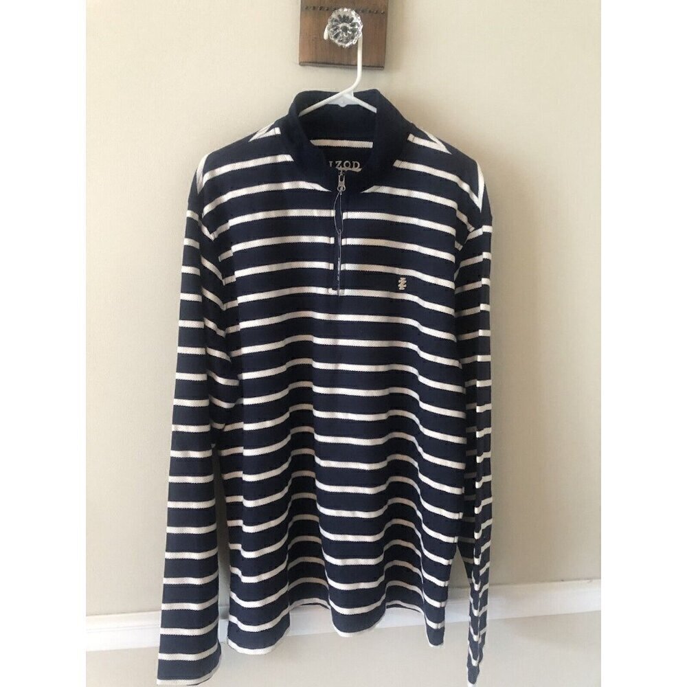 NWT Izod Mens Size XL Blue White Stripe 1/4 Zip Pullover Long Sleeve